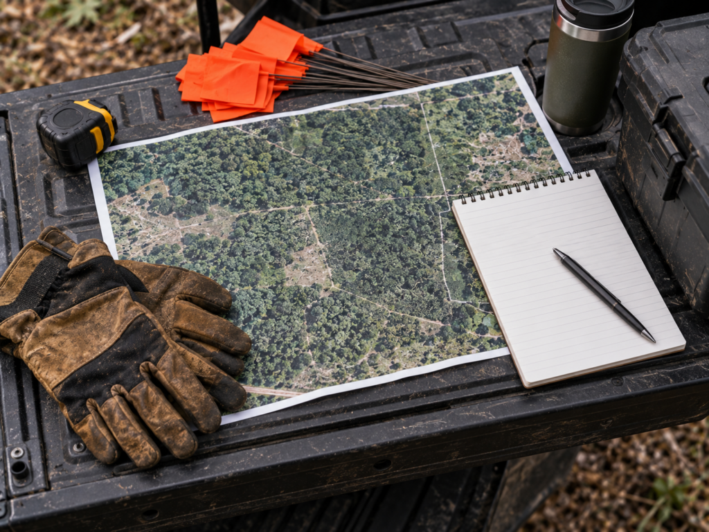 Aerial property map, blank field notes, measuring tape, gloves and marking flags on a work truck tailgate