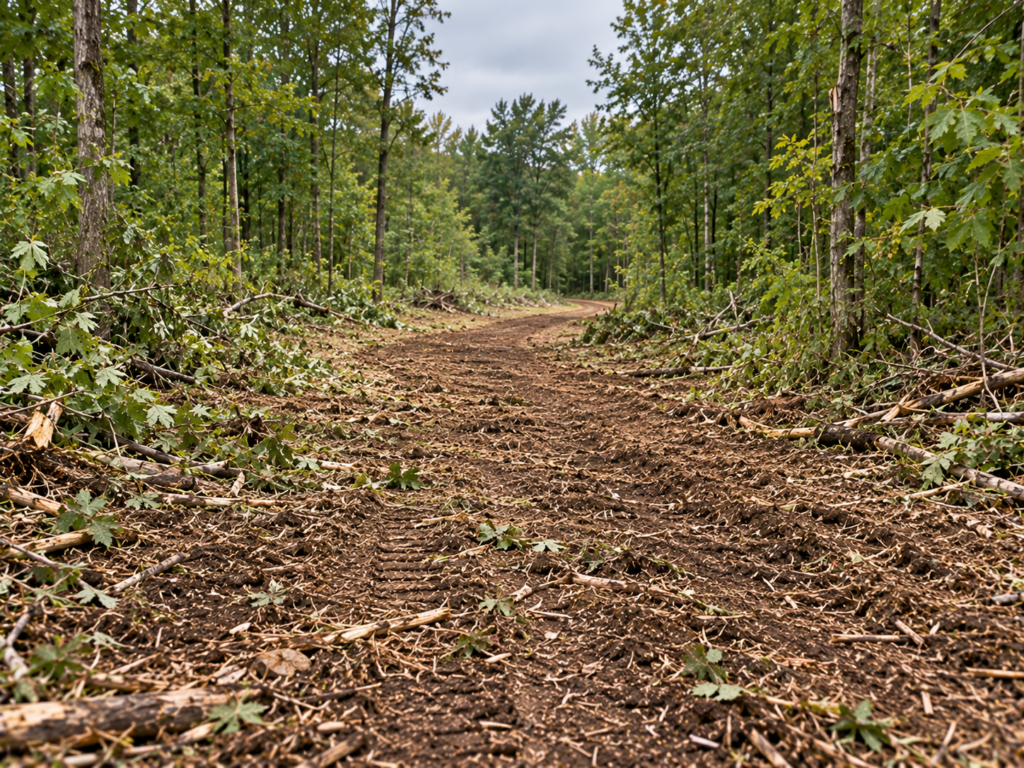 Freshly cleared woodland access corridor with rough worked ground and retained trees