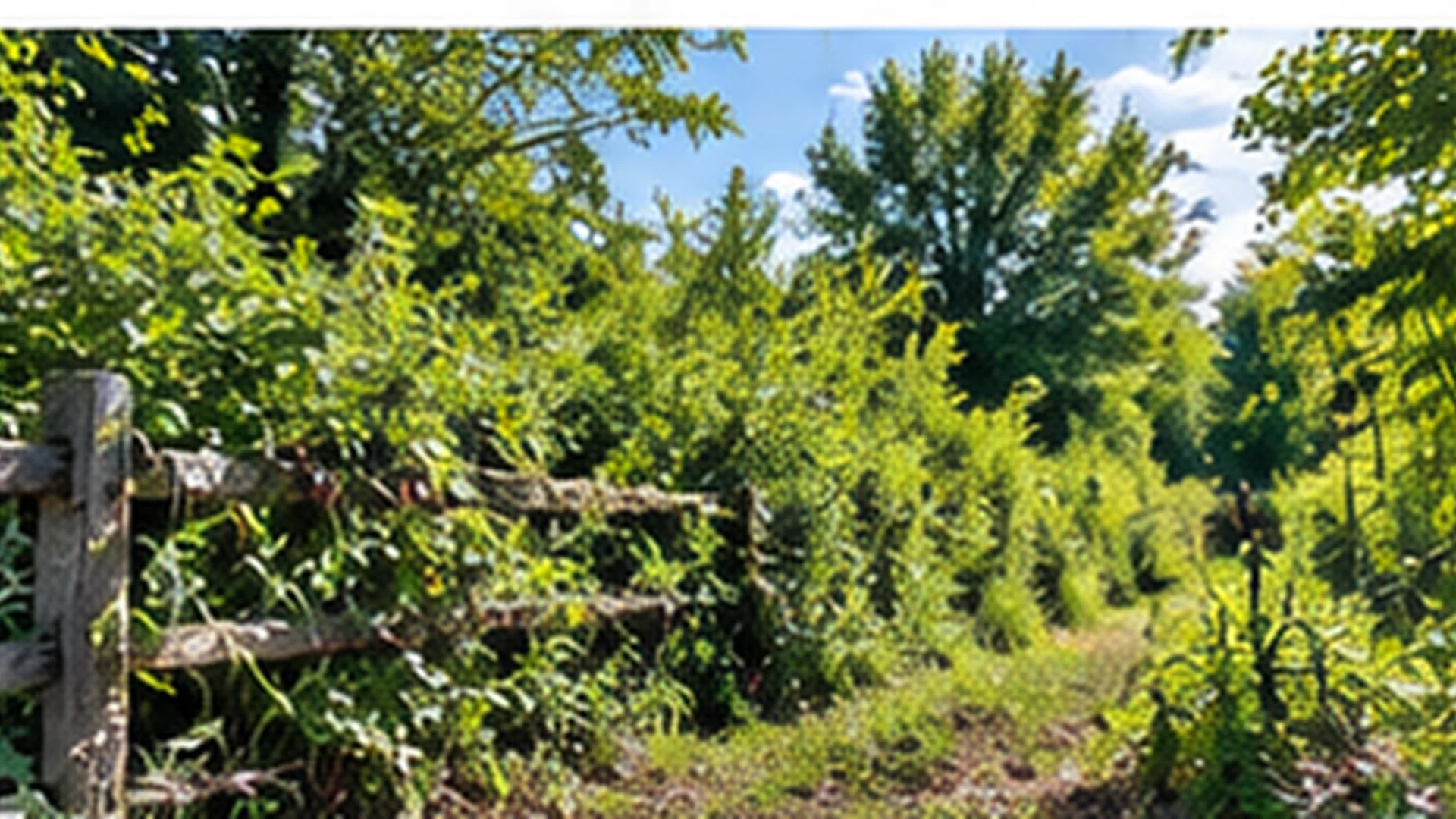 An overgrown fence line and property edge thick with brush