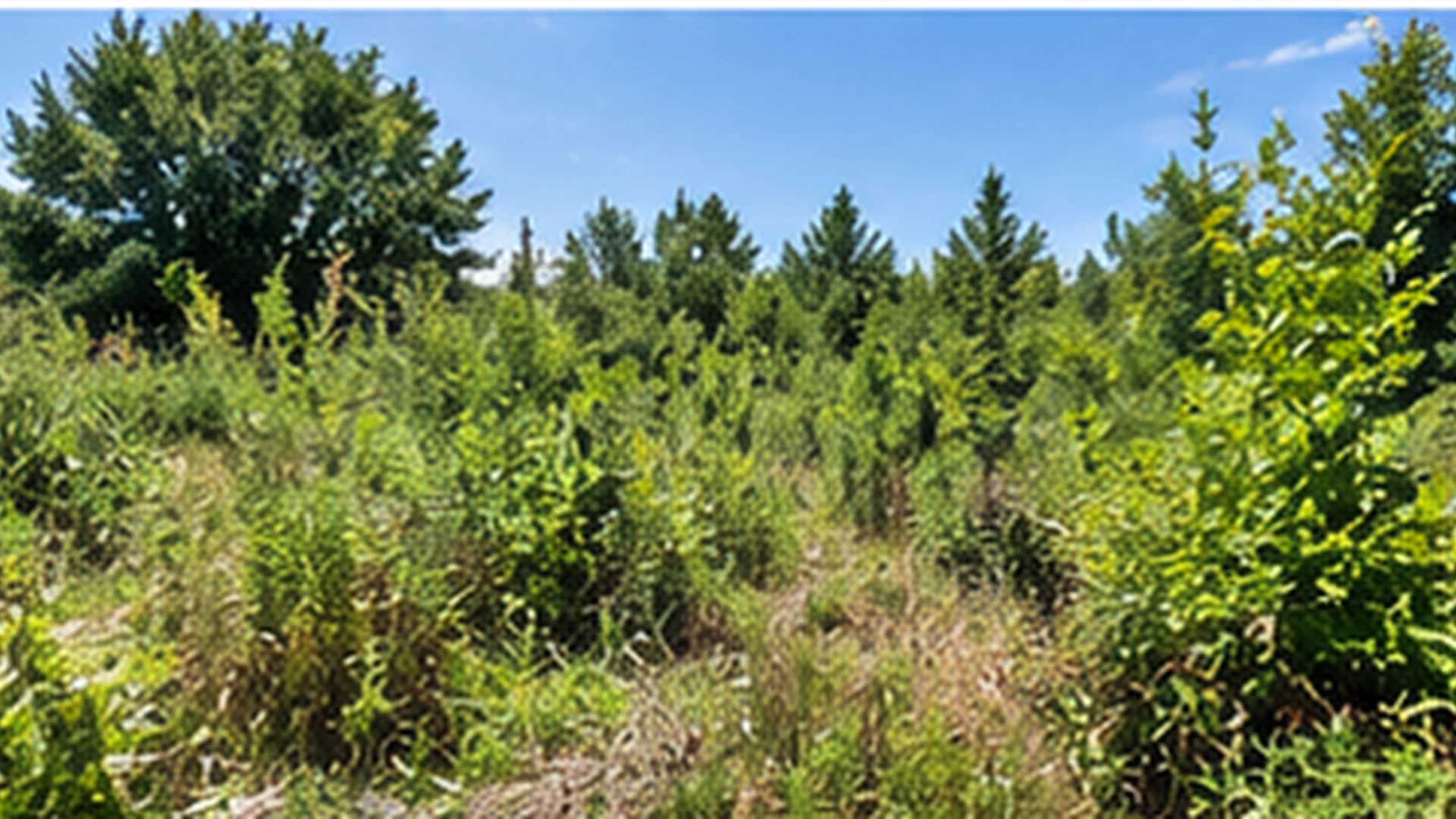 An overgrown lot of mixed brush and small trees awaiting clearing