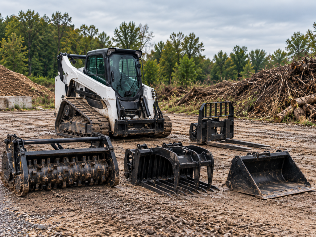 Compact track loader with forestry mulcher, grapple, bucket and pallet fork attachments at a worksite