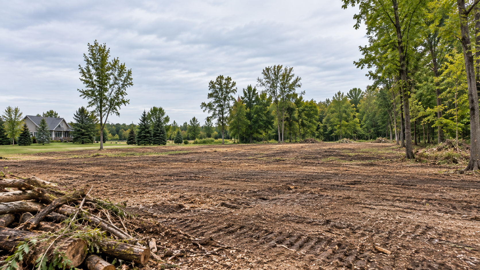 Recently cleared property with open ground, retained trees and brush along the woodland edge