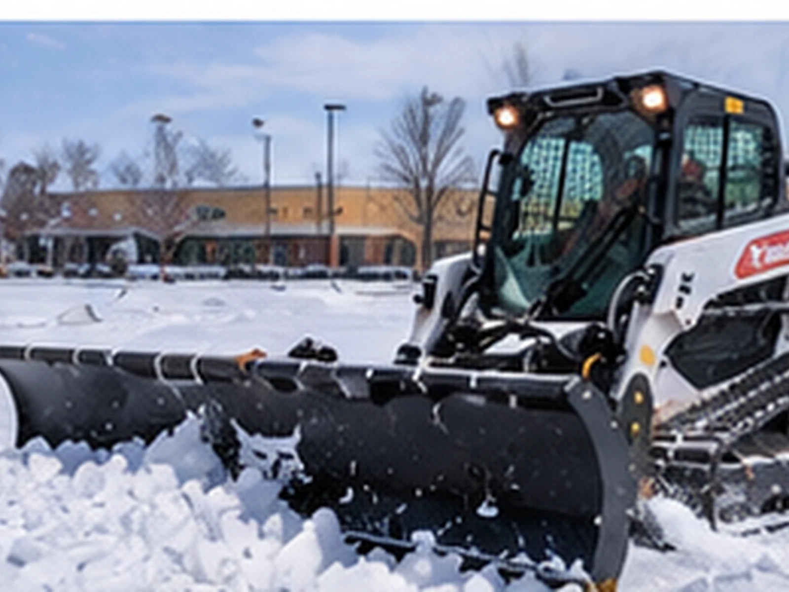 Compact track loader with a snow pusher clearing a commercial lot