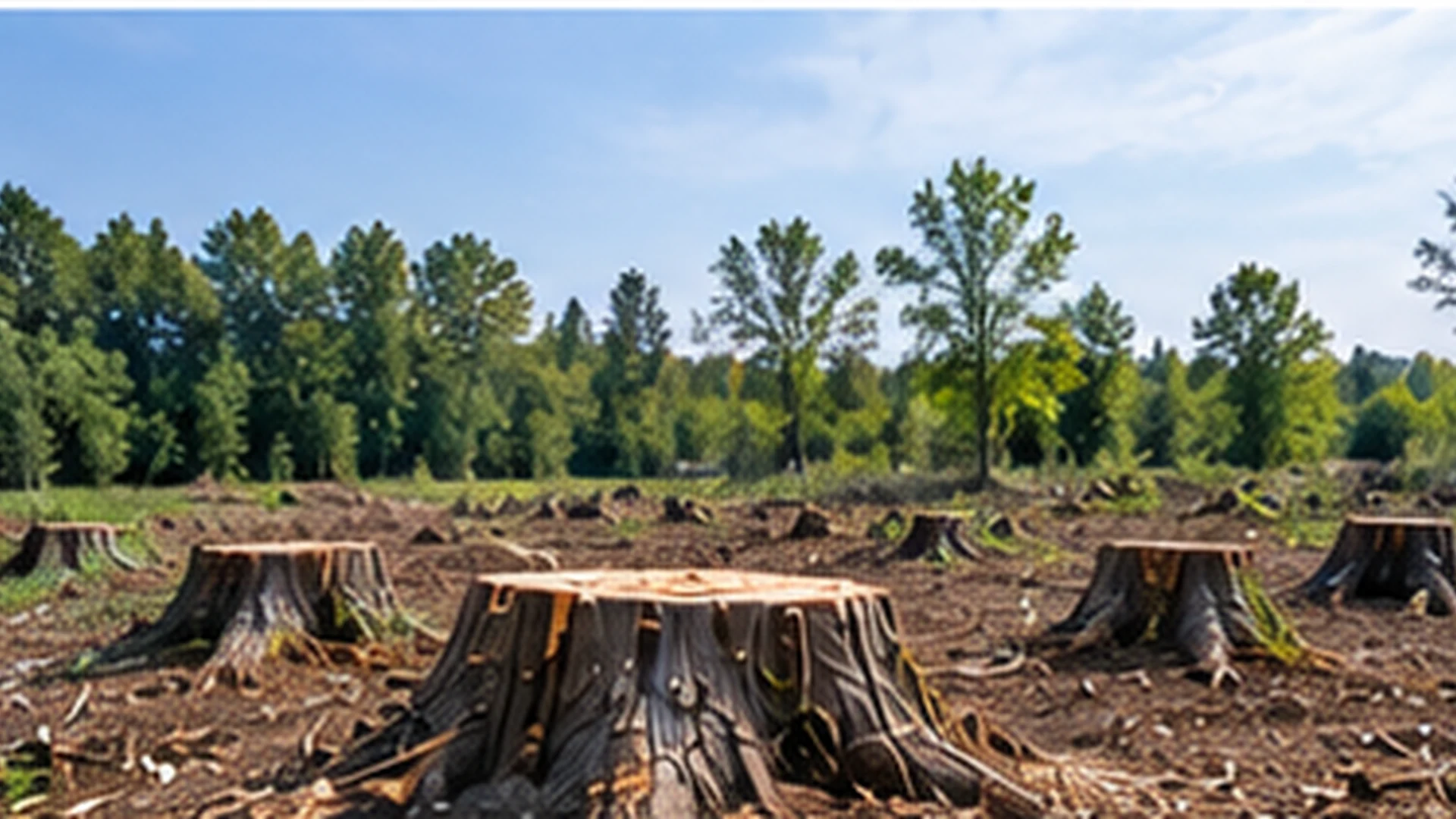 Several large tree stumps remaining across a cleared site